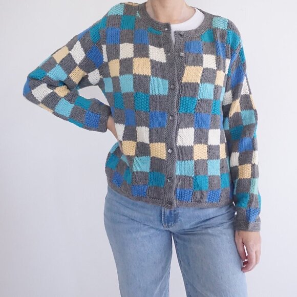 Vintage Christopher & Banks Grey Blue Checkered Button Up Cottagecore Cardigan M - Picture 1 of 12